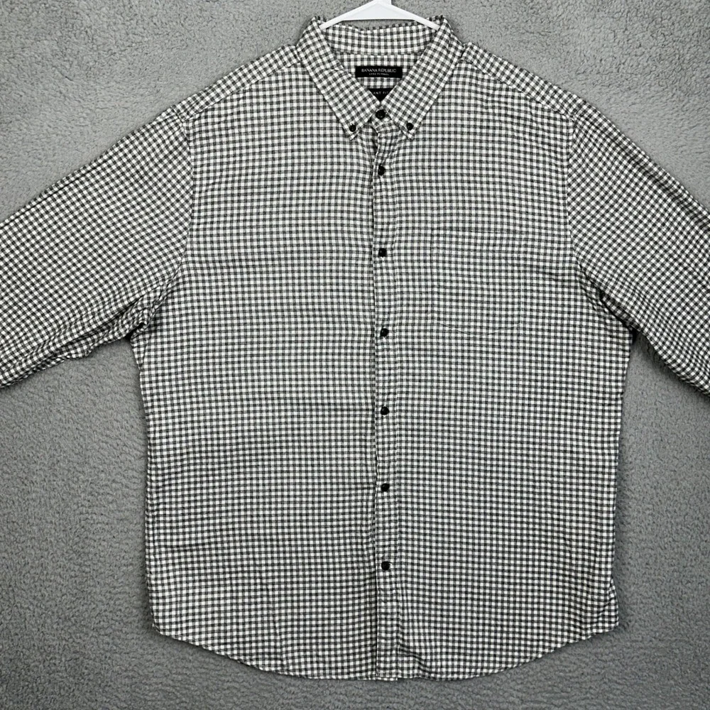 Banana Republic Shirt Mens 2XL Black White Grant Fit Luxe Flannel Gingham Check